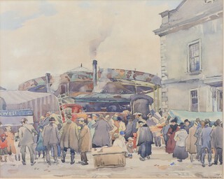 Fred Lawson (1888-1968), watercolour signed and dated 1924, a fairground scene in a market place, 31cm x 39cm 