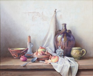 Robert Chailloux (1913-2006), oil on canvas, still life study of a stoneware bottle, mug, bowl, candlestick, onions, mustard and spoon on a shelf 58cm x 71cm 