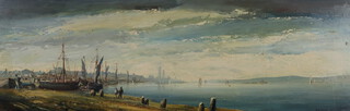 Edward Elliott, oil on board signed, lakeside scene with fishing boats and figures, 30cm x 90cm  