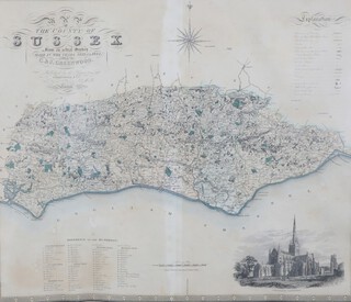 19th Century map of Sussex with coloured borders and a vignette of Chichester Cathedral 60cm x 71cm 