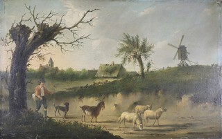 19th Century Continental oil painting on board unsigned, shepherd with his flock with distant windmill and church, unframed, 38cm x 60cm 