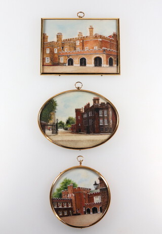 Beryl Hall, miniature watercolour studies "St James's Palace" 8cm x 10cm, 7 1/2cm x 10cm and circular 7 1/2cm 