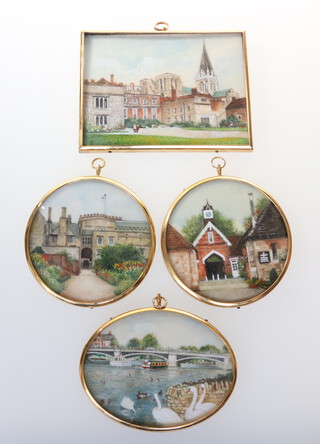 Beryl Hall, miniature watercolour study "Bishop's Palace Chichester" 8cm x 10.5cm, "The River Thames" 6 1/2cm x 8 1/2cm, 2 circular architectural studies 7 1/2cm each 