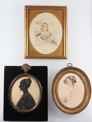 A 19th Century miniature watercolour of a young girl, oval, 11cm x 9cm, an early 20th Century ditto 8cm x 6cm and a 19th Century gilt silhouette miniature lady oval 10cm x 7cm 