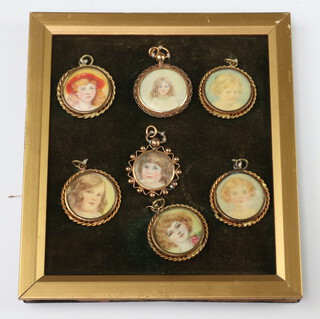 Seven circular portrait miniatures of girls 3cm in gilt frames inscribed en verso Edith Alice Maitland "Cheltenham kiddies"