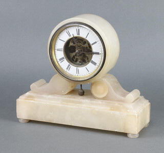 Brevete SGDG Paris, a 19th Century mantel clock with enamelled dial, Roman numerals and visible escapement, contained in an alabaster case 23cm x 27cm x 9cm  