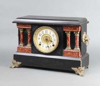A 19th Century American 8 day mantel clock with paper dial, striking on bell, Arabic numerals, contained in a painted architectural style case 29cm h x 43cm w x 17cm d, complete with pendulum but no key 