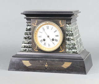 A Victorian 8 day striking mantel clock with enamelled dial, Roman numerals, contained in a 2 colour marble Egyptian style case 24cm h x 32cm w x 16cm d, complete with pendulum, no key 