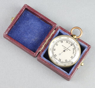 A 19th Century pocket barometer, the 4.5cm silvered dial marked For direct reading compensated, complete with leather carrying case 