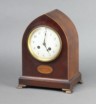 A Martin, a French 19th Century 8 day striking mantel clock with enamelled dial, Arabic numerals, contained in an inlaid mahogany lancet shaped case, back plate marked 57416 CHVCNE striking on a gong, complete with pendulum and key 26cm h x 14cm w x 19cm d 