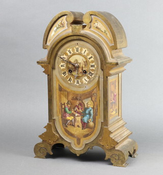 Japy Frere, a 19th Century French striking 8 day mantel clock contained in a gilt case with porcelain panels depicting interior tavern scenes, the back plated marked HPACO297 J9827 37cm h x 24cm w x 11cm d  