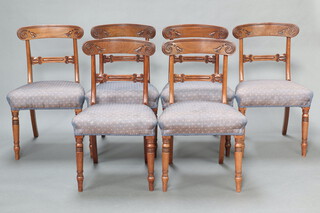 A set of 6 Georgian carved mahogany bar back dining chairs with shaped mid rails and overstuffed seats, raised on turned supports 84cm h x 50cm w x 40cm d 