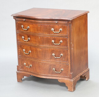 A Georgian style serpentine fronted, crossbanded mahogany chest with brushing slide and 4 long drawers, having canted corners, raised on bracket feet 76cm h x 71cm w x 48cm d  