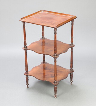 A Victorian 3 tier mahogany what-not with square upper section and 3/4 gallery, the 2 lower tiers of serpentine outline, raised on turned supports 83cm h x 45cm w x 40cm d  