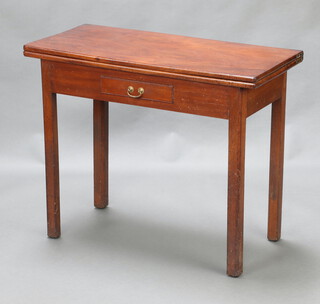 A 19th Century rectangular mahogany tea table, base fitted a drawer, raised on square supports 73cm h x 91cm w x 41cm d 