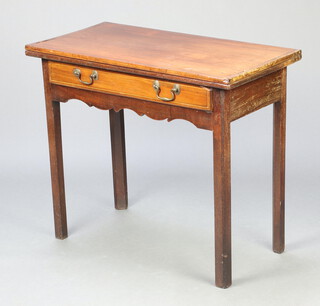 A Georgian inlaid mahogany tea table fitted a frieze drawer, raised on square supports 73cm h x 85cm w x 43cm d  