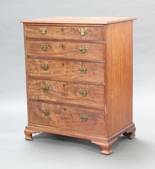 A Georgian bleached mahogany chest of 5 drawers with replacement brass swan neck drop handles, steel locks, raised on ogee bracket feet 108cm h x 85cm w x 54cm d  