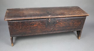 An 18th Century elm 6 panel coffer with iron lock plate 54cm h x 128cm w x 30cm d 
