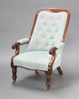 A William IV mahogany show frame open arm chair upholstered in blue buttoned material 101cm h x 62cm w x 53cm d (seat 34cm x 36cm) 