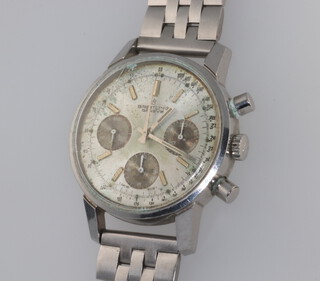 A gentleman's steel cased vintage Breitling "panda style" chronograph wristwatch, the silvered dial with 3 subsidiary dials, the case numbered 8151430354, contained in a 37mm case, on a later steel bracelet 