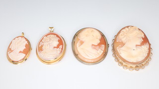 An 18ct yellow gold mounted cameo pendant, 3 other pendants in 9ct yellow gold mounts 