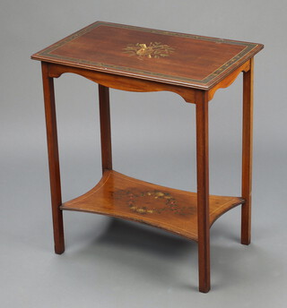 An Edwardian rectangular painted satinwood 2 tier occasional table, the top painted artistic trophies raised on square supports with undertier 66cm h x 57cm w x 36cm d 
