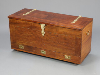 A 19th/20th Century Eastern hardwood mule chest with hinged lid, brass hinges and drop plate, the base fitted 3 drawers raised on turned supports (1 loose) 51cm h x 99cm w x 40cm d  