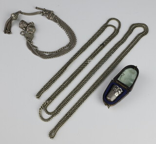 An Edwardian white metal Albert and a ditto chain together with a cased silver thimble