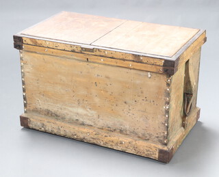 A 19th Century bleached mahogany and iron bound carpenter's chest with hinged lid and iron drop handles, raised on a platform base 60cm h x 95cm w x 56cm d  
