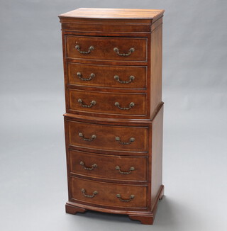 A Queen Anne style walnut crossbanded bow front chest on chest with moulded cornice, fitted 6 drawers raised on bracket feet 125cm h x 54cm w x 41cm d (in one section) 