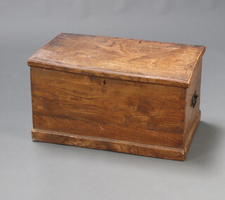 A 19th Century rectangular elm coffer with hinged lid and iron drop handles, raised on a platform base 39cm h x 72cm w x 42cm d 