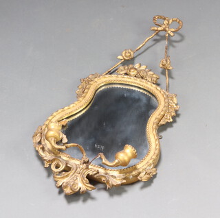 A 19th Century shaped plate wall mirror contained in a gilt plaster frame with twin sconces to the base 74cm h x 35cm w 
