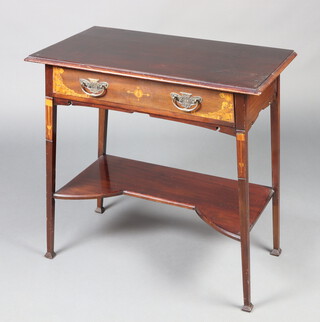 An Edwardian Art Nouveau inlaid mahogany side table fitted a frieze drawer, raised on square tapered supports with shaped undertier 72cm h x 71cm w x 39cm d 