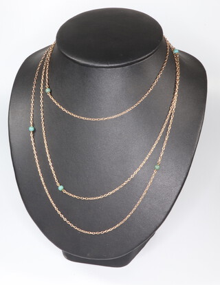 A 9ct yellow gold turquoise set necklace, 60cm, 9 grams gross 