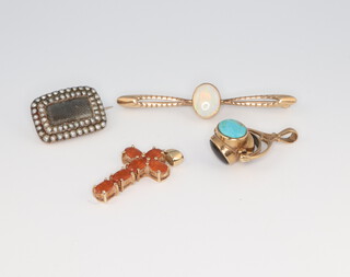 A 9ct yellow gold opal set bar brooch, a gem set cross pendant, swivel seal and a mourning brooch gross 14.8 grams