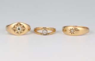 A yellow metal 18ct gypsy ring, size P, a ditto size J and another 18ct ring  size E 12.9 grams gross