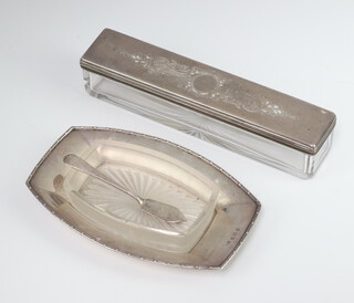 A Victorian silver mounted toilet box London 1845 and an Art Deco silver butter dish stand with glass liner and knife Birmingham 1913, weighable silver 150 grams 