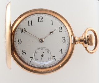 A gentleman's gold plated hunter pocket watch, both sides engraved with a monogram 