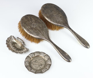 Two silver backed hair brushes, rubbed marks, 2 dishes