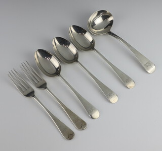 Three silver Old English pattern dessert spoons, 2 dessert forks, Sheffield 1931 together with a Georgian ladle, 322 grams 
