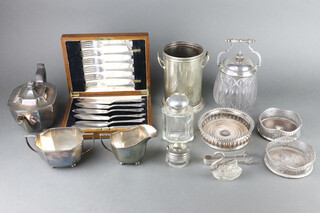 A silver plated soda siphon holder and minor plated wares