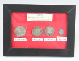 Four framed Charles I coins - half crown, shilling, sixpence and Scottish 20 pence 