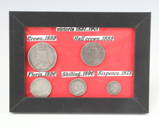 Five cased Queen Victoria coins - crown, half crown, florin, shilling and sixpence 