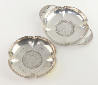 Two silver coin set dishes London 1909 and Birmingham 1913, gross weight 96 grams, 7cm 