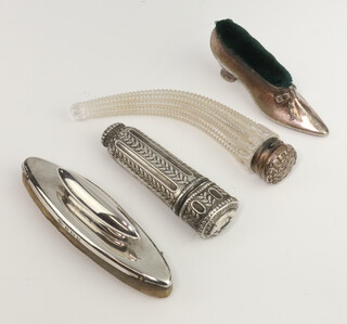 A early 20th Century Sterling silver mounted cut glass cornucopia shaped scent bottle 8cm, plated pin cushion in the form of a shoe and 2 other items 