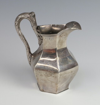 A Victorian Irish silver hexagonal jug with rustic handle and engraved monogram Dublin 1848, 297 grams, 14cm 