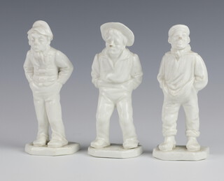 Three Victorian Worcester blanc de chine figures of standing men raised on shaped bases, impressed Worcester and pattern registration mark 14cm 