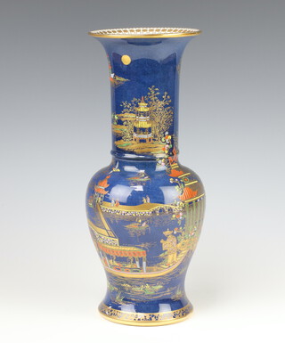 A Carlton Ware blue ground baluster vase with chinoiserie decoration, figures in extensive landscape 32cm 