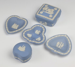 A square Wedgwood blue jasperware trinket box and cover 9cm, a shaped ditto decorated Trafalgar square 8cm, a heart shaped pin tray, a clover shaped ashtray and a heart shaped ashtray 