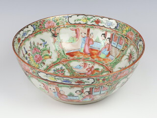 A 19th Century circular Canton famille rose porcelain bowl with panel decoration of courtly figures 27cm 